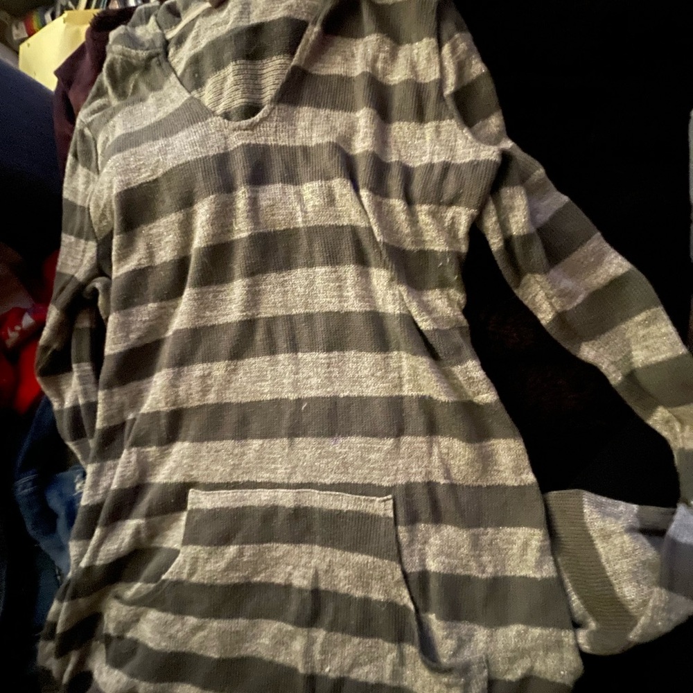 No Boundaries Gray and Cream Striped Hooded Knit Top